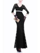 Romwe V Neck Lace Mermaid Maxi Black Dress