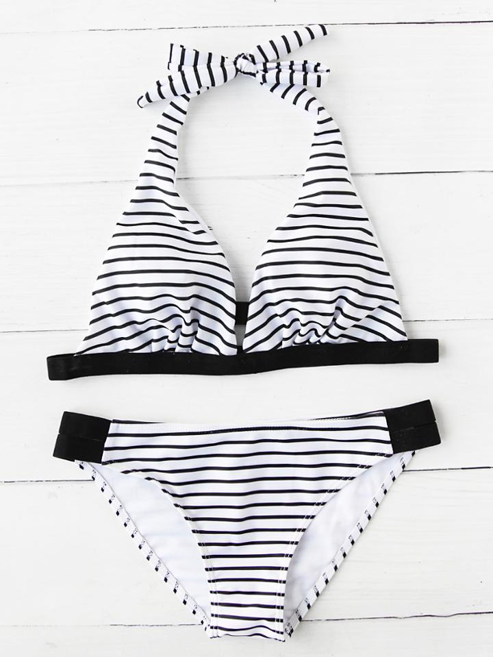 Romwe Striped Print Halter Sexy Bikini Set