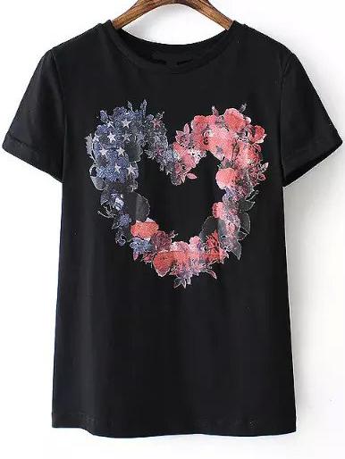 Romwe Round Neck Heart Print Black T-shirt