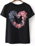 Romwe Round Neck Heart Print Black T-shirt