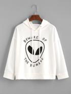 Romwe White Alien Print Drop Shoulder Drawstring Hooded Sweatshirt