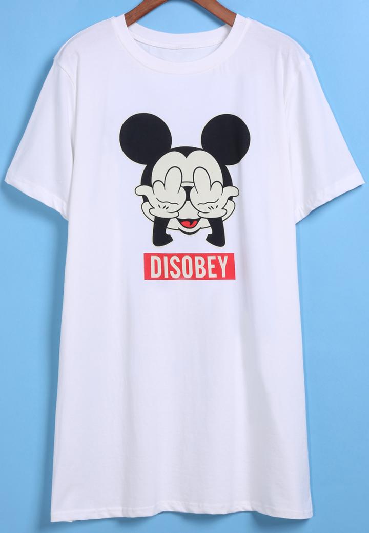Romwe Mickey Print Long White T-shirt