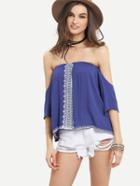 Romwe Off-the-shoulder Embroidery Top - Blue