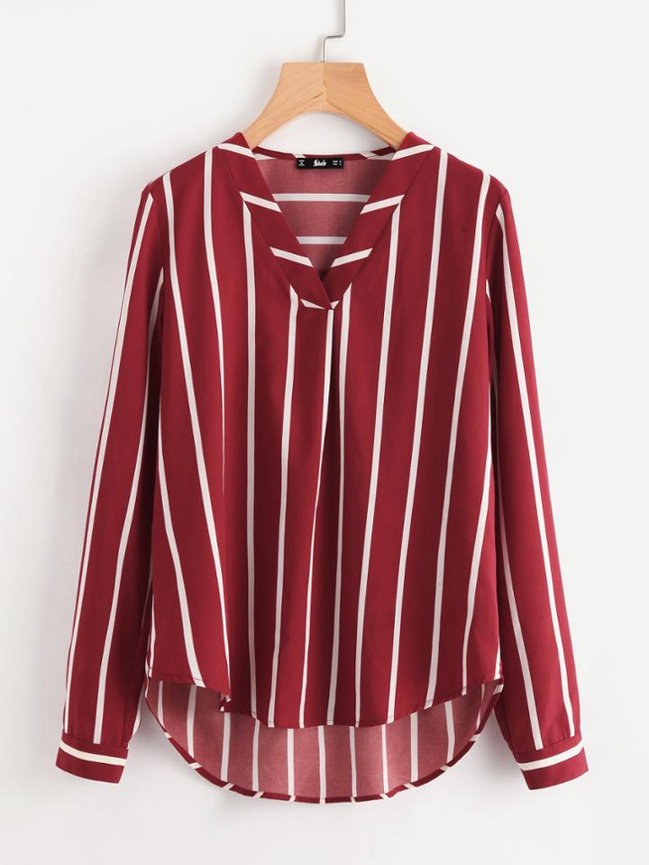 Romwe V-placket Curved Dip Hem Blouse