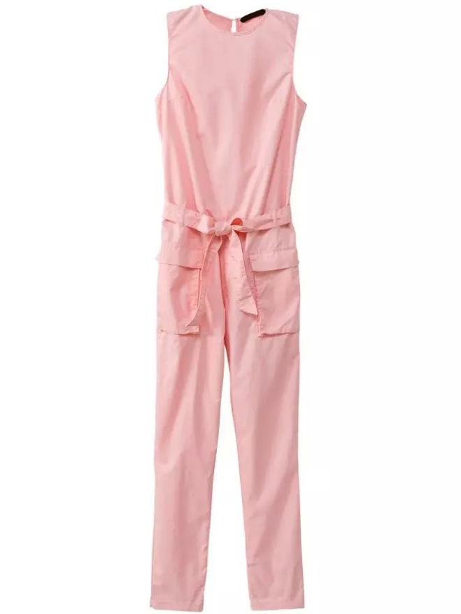 Romwe Sleeveless Pockets Belt Pink Jumpsuit