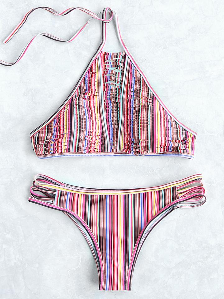 Romwe Multicolor Vertical Striped Ladder Cutout Bikini Set