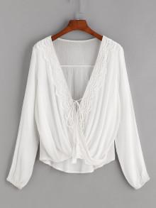 Romwe Contrast Crochet Twisted Drape Front Self Tie Tassel Blouse