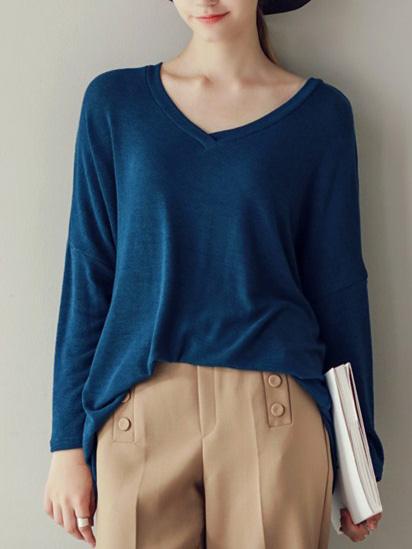 Romwe V Neck Long Sleeve Loose T-shirt