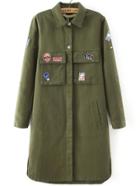 Romwe Label Pockets Army Green Trench Coat