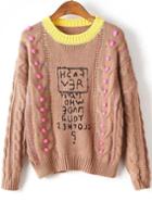 Romwe Coffee Contrast Neck Cable Knit Pom Pom Sweater