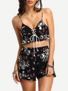 Romwe Flower Print Lace-up Ruffled Black Two-piece Suit