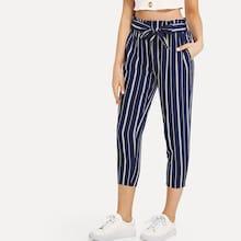 Romwe Tie Waist Striped Pants