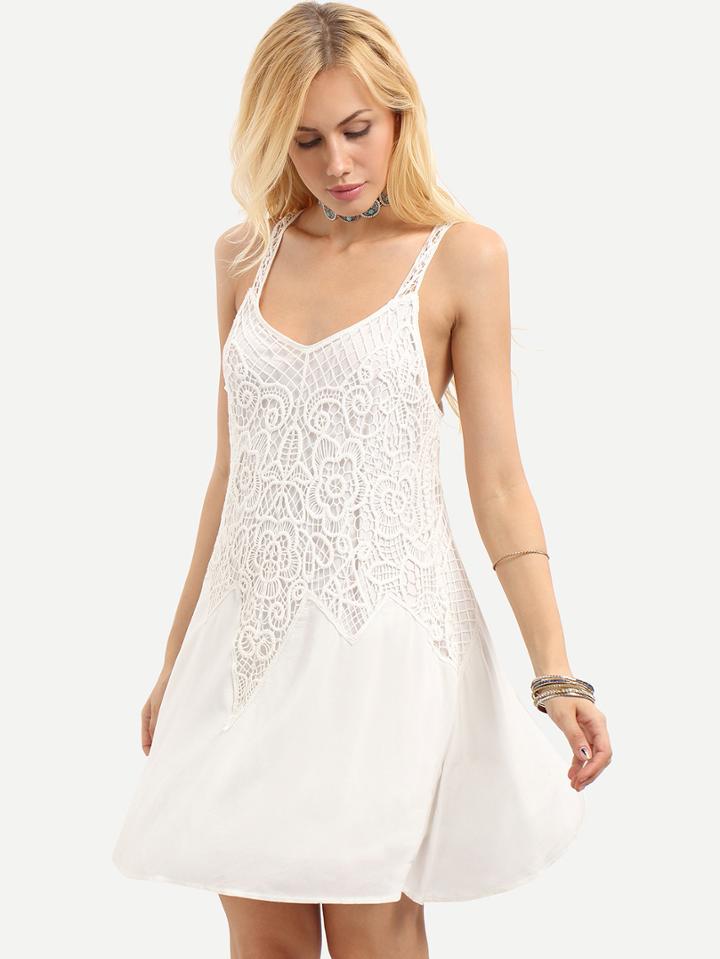 Romwe Beige Sleeveless Patchwork Lace Hollow Dress