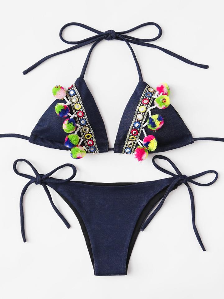 Romwe Pom Pom Decorated Denim Bikini Set