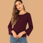 Romwe Bell Sleeve Scallop Trim Solid Top
