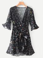 Romwe Calico Print Self Tie Wrap Dress