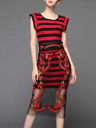 Romwe Red Sleeveless Striped Contrast Gauze Embroidered Two Pieces Dress