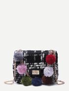Romwe Black Woolen Mini Shoulder Bag With Colored Pom Pom