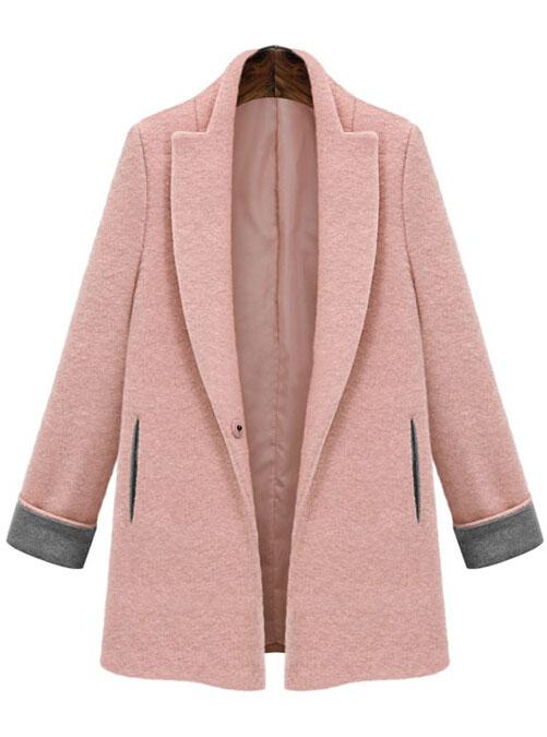 Romwe Lapel Pockets Woolen Pink Coat