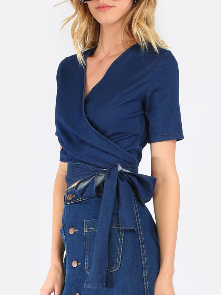 Romwe Navy V Neck Short Sleeve Tie Blouse