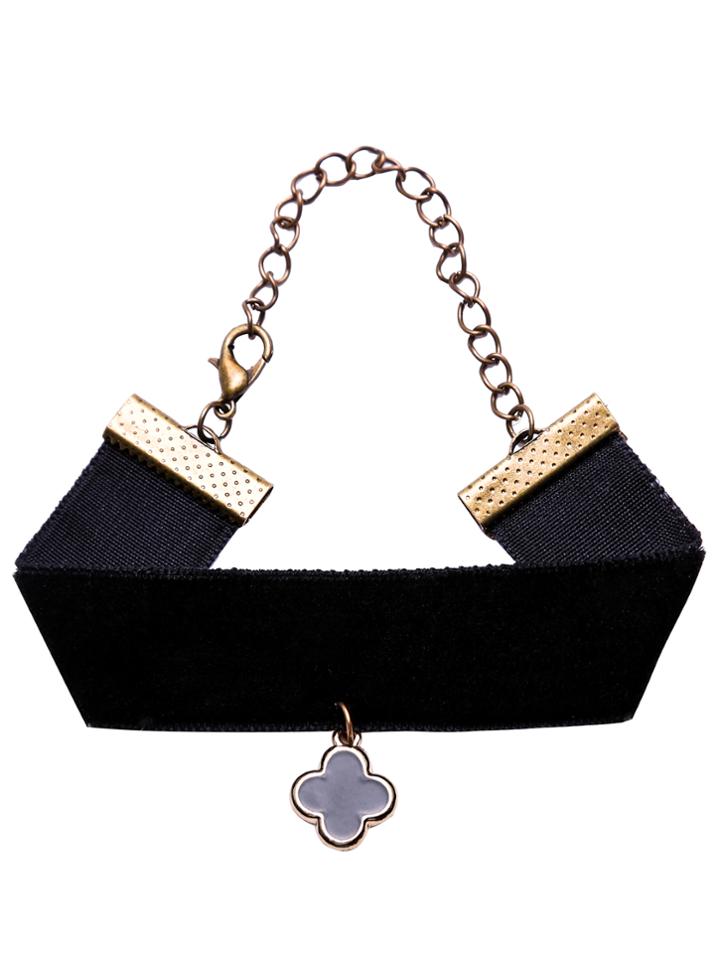 Romwe Black Wide Ribbon Four Leaf Clover Bracelet
