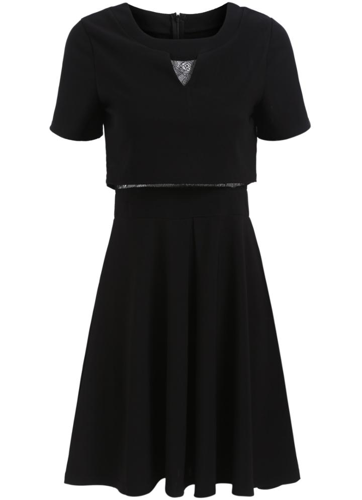 Romwe Short Sleeve With Lace Pleated Dress