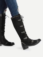 Romwe Buckle Design Lace Up Knee High Boots
