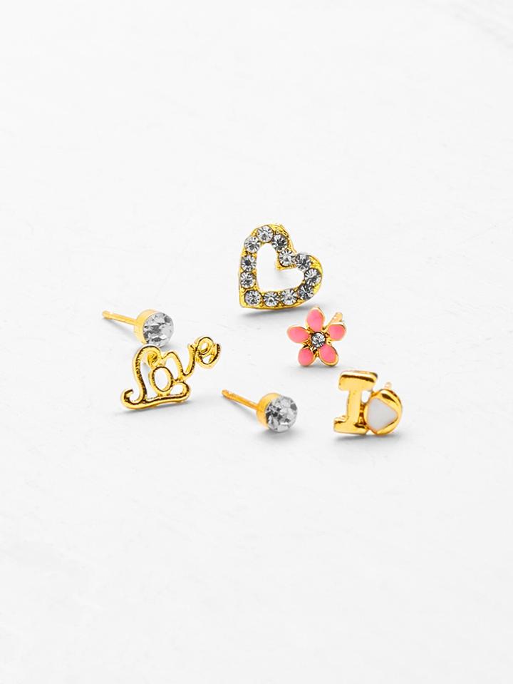 Romwe Rhinestone Heart & Flower Design Stud Earring Set