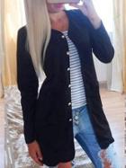 Romwe Round Neck Buttons Pockets Long Black Coat