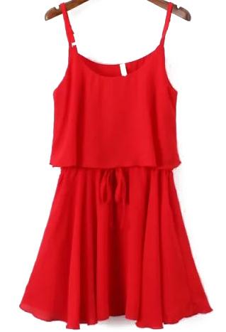 Romwe Spaghetti Strap Ruffle Chiffon Red Dress