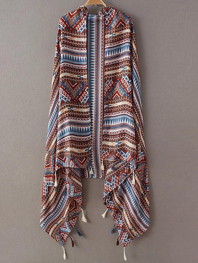 Romwe Multicolor Printed Tassel Asymmetric Scarf
