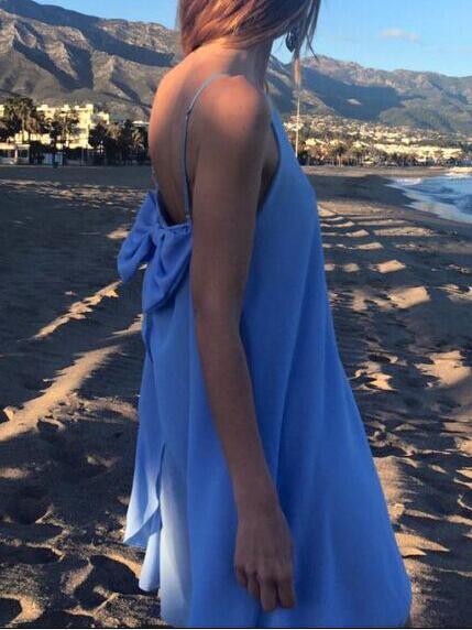 Romwe Bow Back Swing Chiffon Cami Dress - Blue