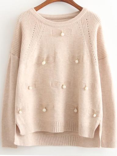 Romwe Dip Hem Bead Slit Apricot Sweater