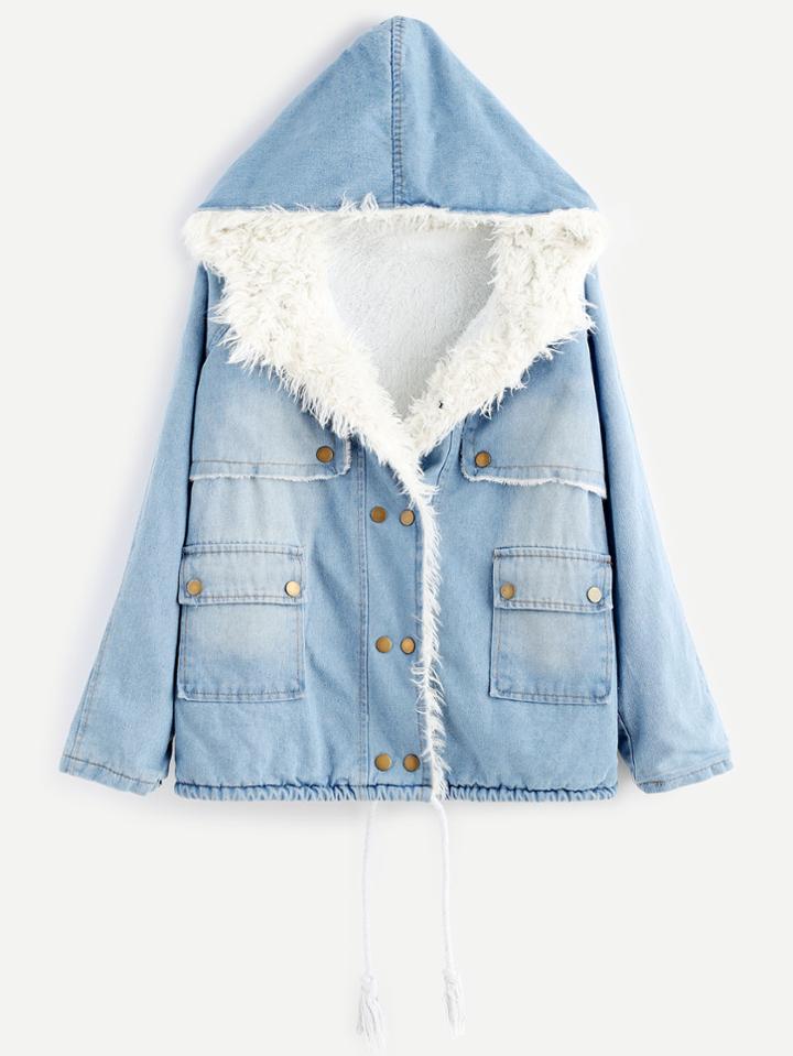 Romwe Blue Bleach Wash Faux Fur Lining Hooded Denim Coat