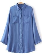 Romwe Blue Pockets Buttons Front Long Sleeve Blouse