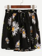 Romwe Black Daisy Print Drawstring Chiffon Shorts