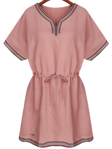 Romwe Pink Drawstring Dress With Embroidered Tape Detail