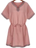 Romwe Pink Drawstring Dress With Embroidered Tape Detail