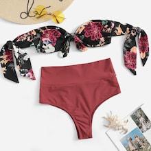 Romwe Random Off Shoulder Top With High Waist Bikini