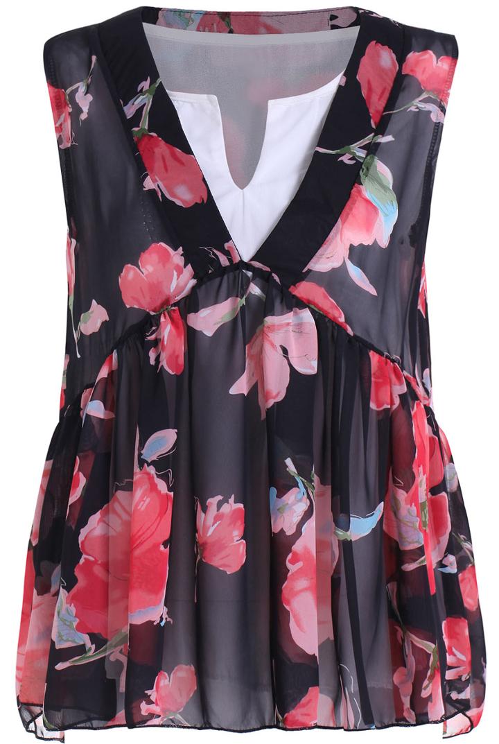 Romwe V Neck Florals Chiffon Top