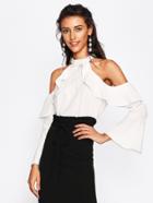 Romwe Open Shoulder Fluted Sleeve Frill Trim Blouse