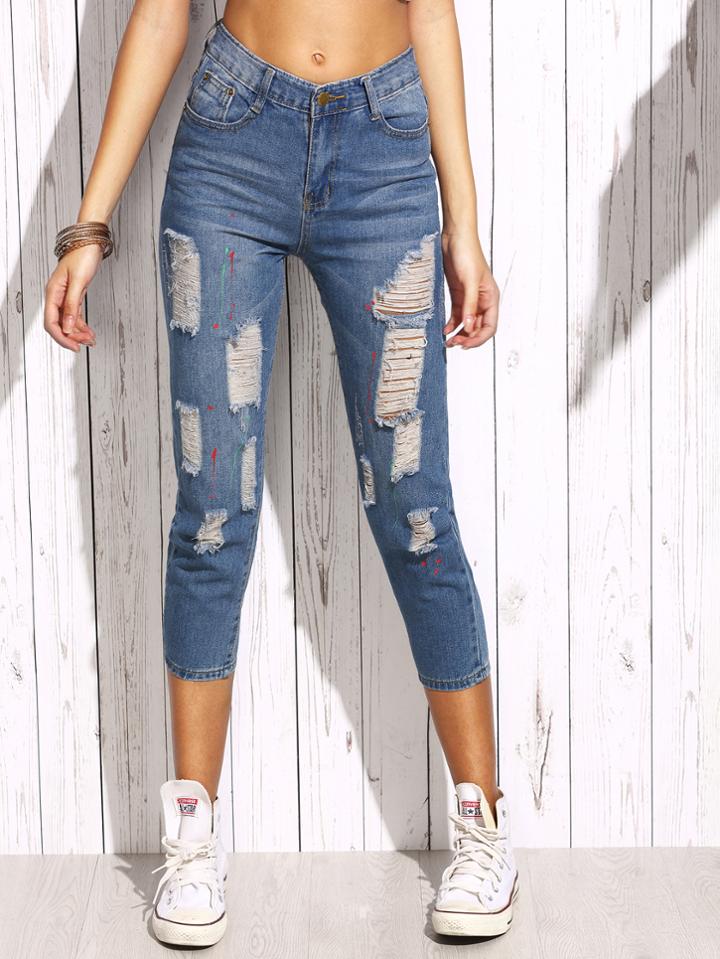Romwe Blue Paint Splatter Print Ripped Jeans