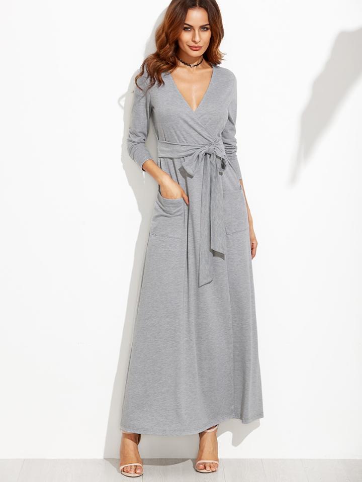 Romwe Surplice V Neckline Maxi Dress With Self Tie