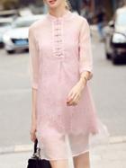 Romwe Pink Collar Split Organza Lace Dress