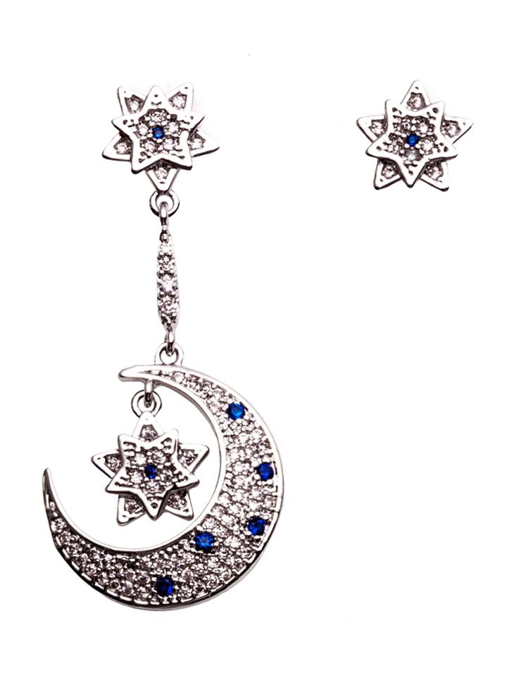 Romwe Silver Moon Star Rhinestone Asymmetrical Earrings