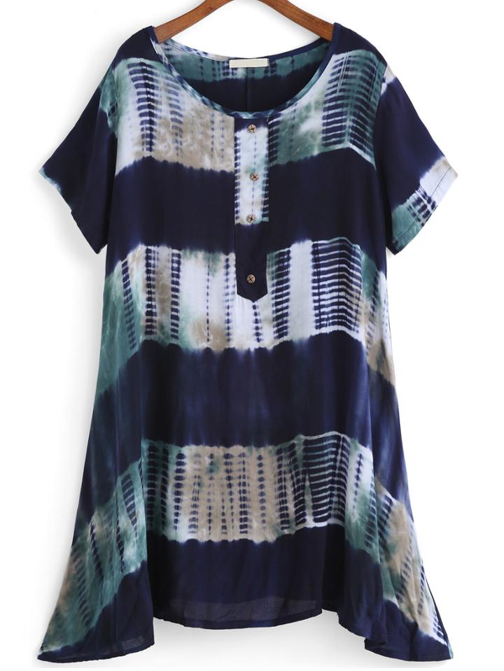 Romwe With Buttons Tie-dye Shift Green Dress