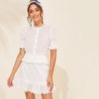 Romwe Button Front Shirred Trim Schiffy Top & Ruffle Hem Skirt Set