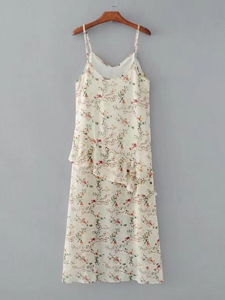 Romwe Frill Trim Floral Cami Dress