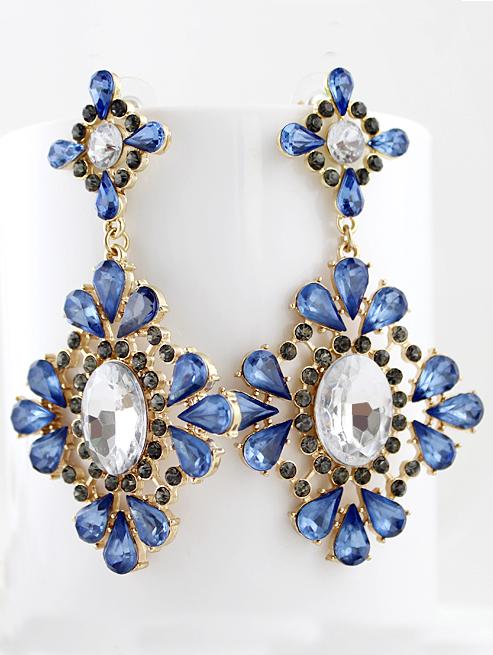 Romwe Blue Drop Gemstone Gold Flower Earrings