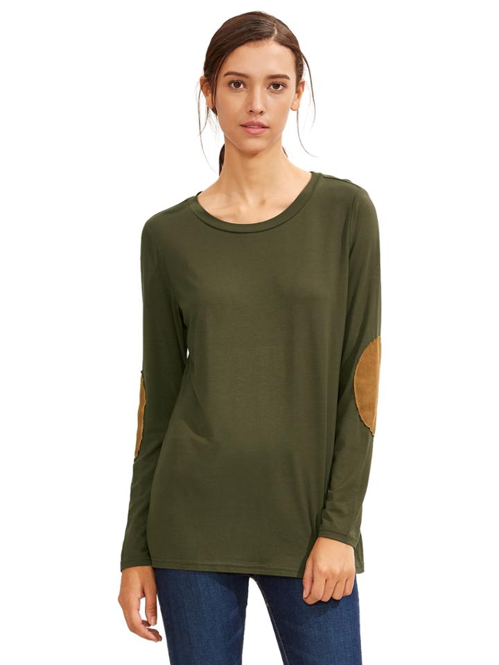 Romwe Army Green Long Sleeve Elbow Patch T-shirt